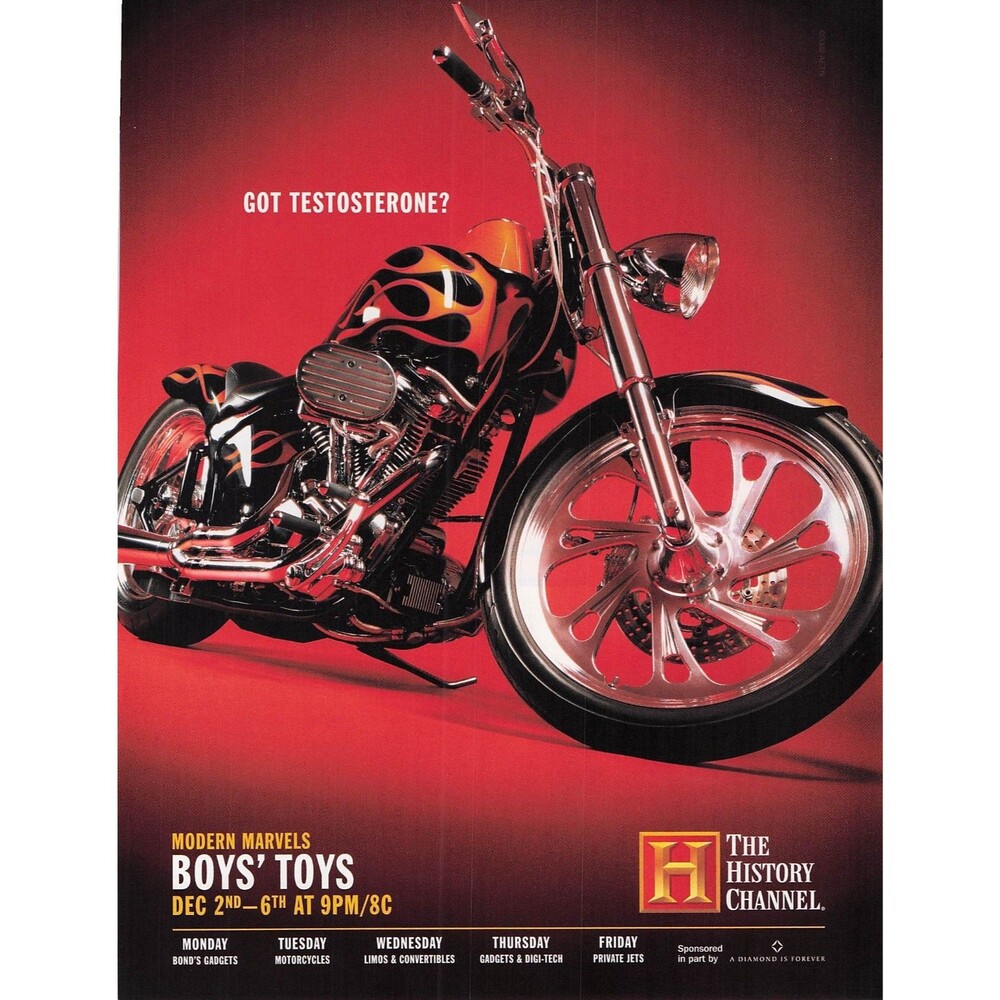 History Channel Modern Marvels Motorcycle Boys Toys Vintage Print Ad chopper